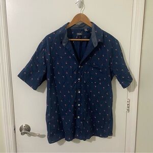 Van Heusen Men’s Navy Blue Flamingo Patterned Button Down Shirt XL (17 - 17.5)